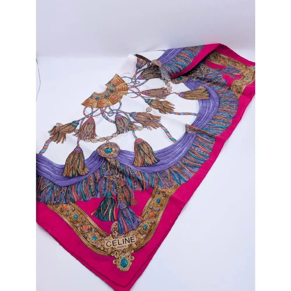 Authentic Celine Paris Silk Tassel Print Scarf 19x19